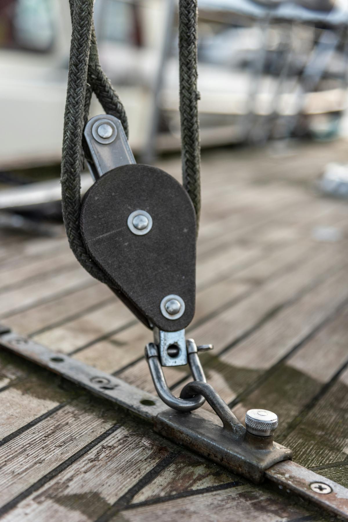Marine deck hardware and rigging in close detail.