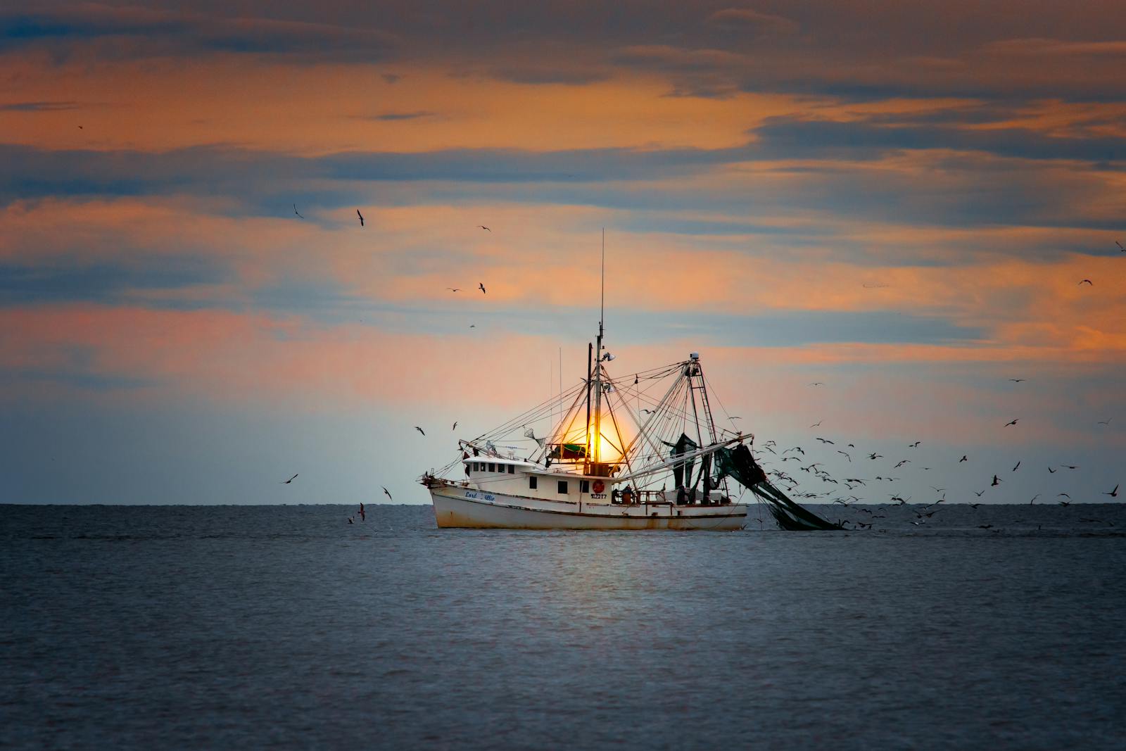 Fishing vessel working at sea at sunrise.